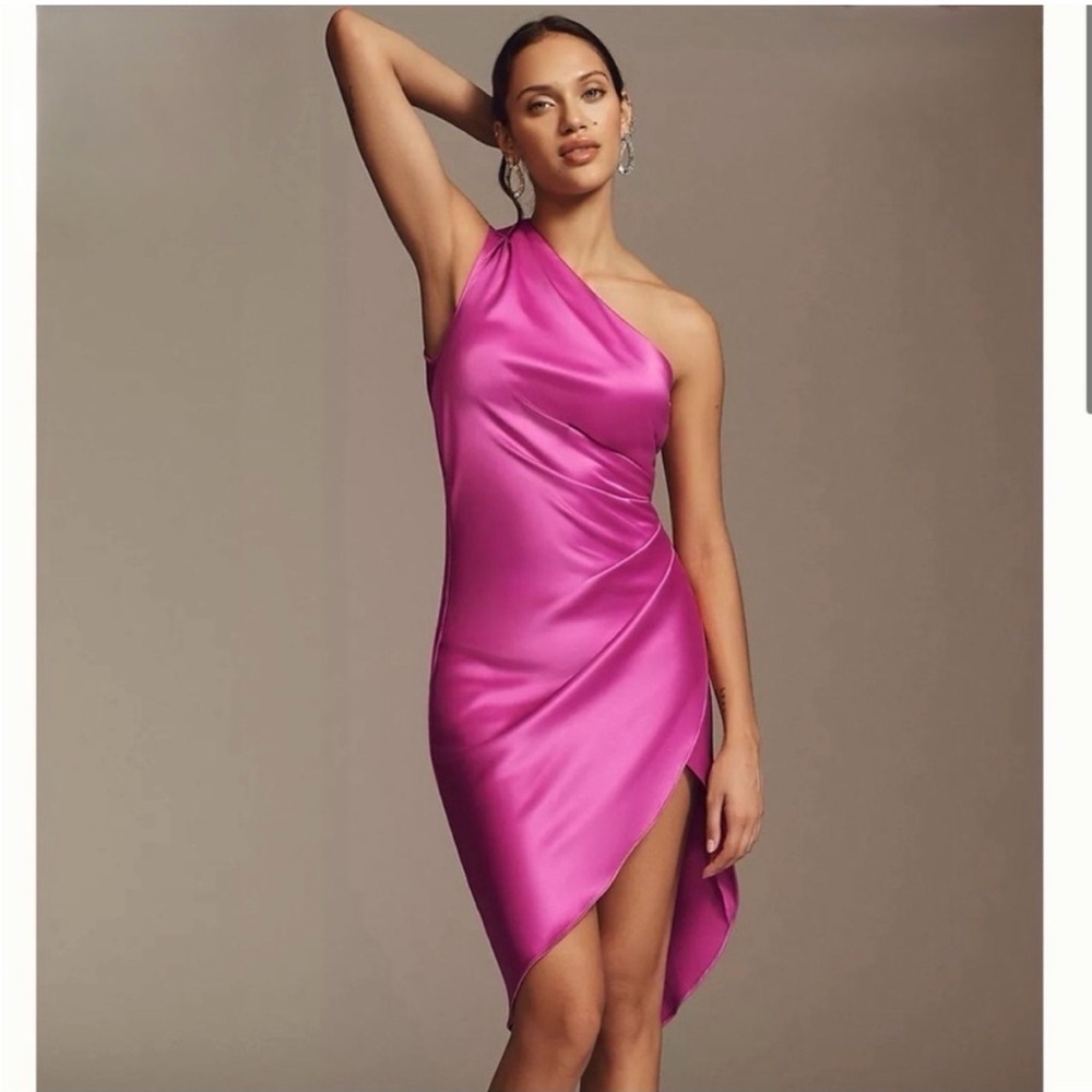 BHLDN Liliana One Shoulder Stretch Satin Mini Dress Pink Size M